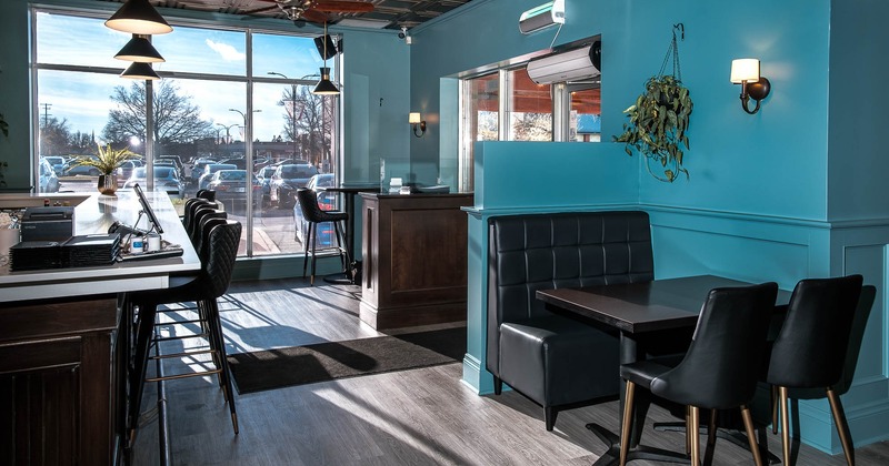 Interior, seating place with large window in the back