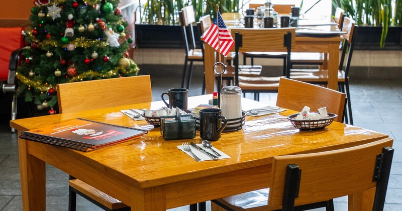 Wooden table with chairs and a Christmas tree in background