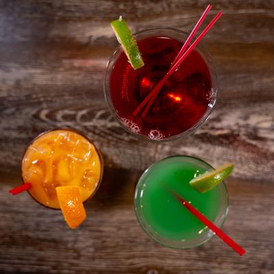 Assorted drinks, top view.