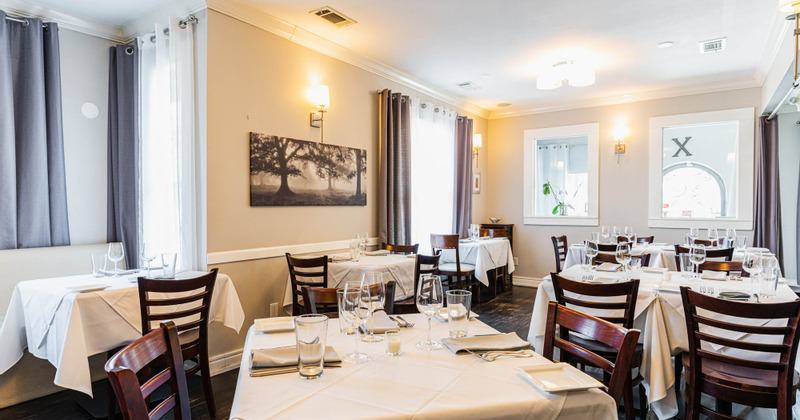 Interior, tables with tableware, ready for guests