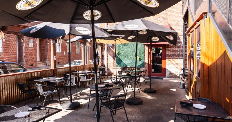Patio, seating place under parasols