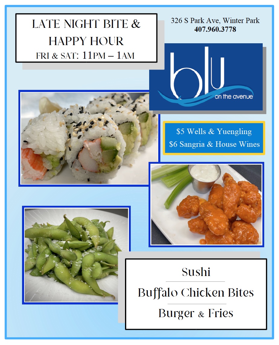 a flyer with pictures of sushi and boneless buffalo bites.  Promoting late night food