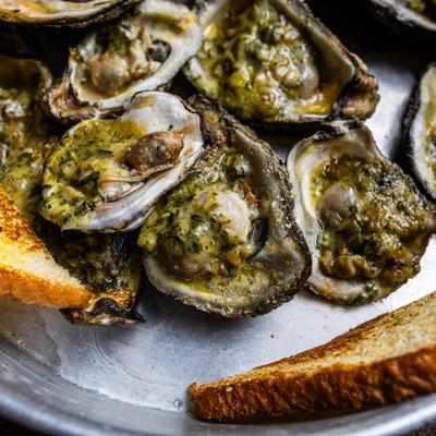 Oysters Rockefeller, closeup.