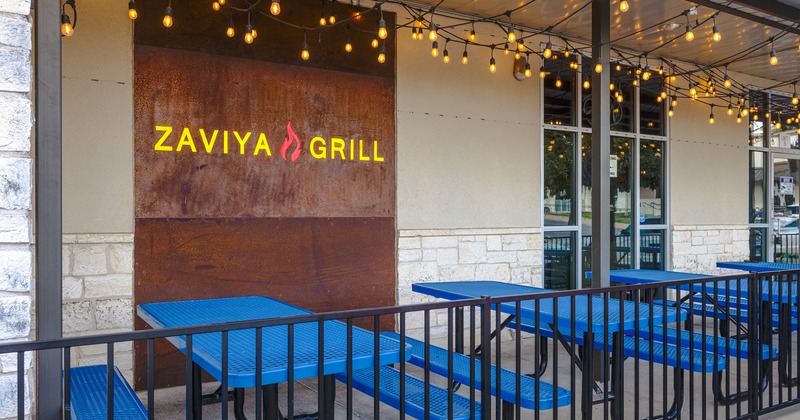 Exterior, patio with tables and bench seating