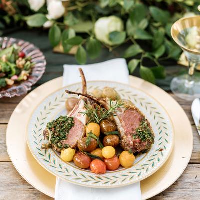 Lamb chops with potatoes, garnisheed with rosemary, Christmas shoot