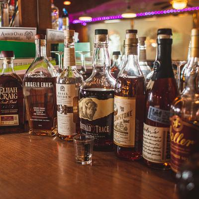 Various bottles of whiskey at the bar