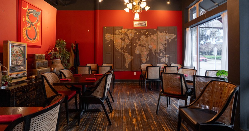 Interior, dining area with world map on the wall