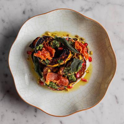 Charred squash garnished with pistachios, pomegranate seeds, and sage leaves.