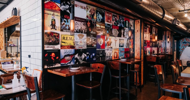 Interior, tables and stools ready for guests
