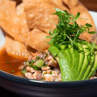 Chips, shrimp ceviche, and avocado.