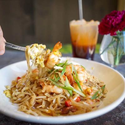 Stir fried noodles and shrimp.