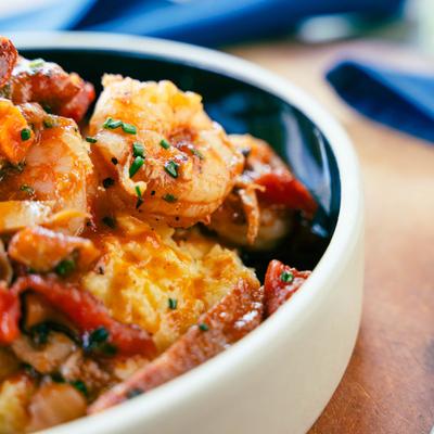 Shrimp  and grits plate, close up view.