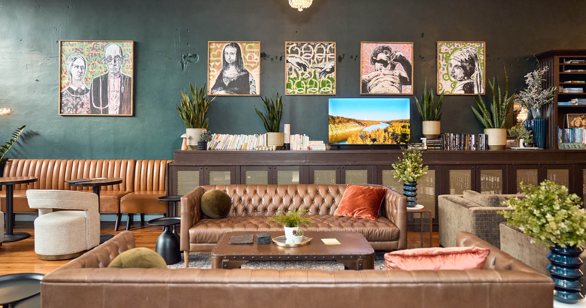 Interior seating area, wall decorations