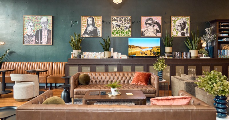 Interior seating area, wall decorations