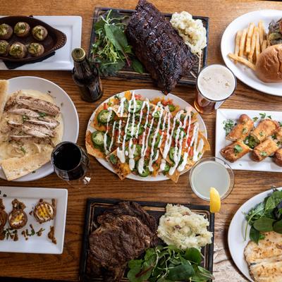 Various dishes and drinks on a table.