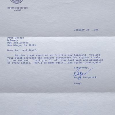 A typed letter with a signature from 1984 praising another great event