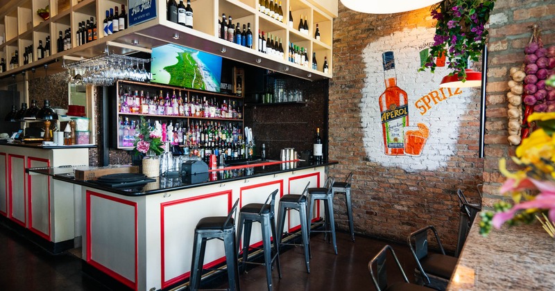 Interior, bar area and bar stools