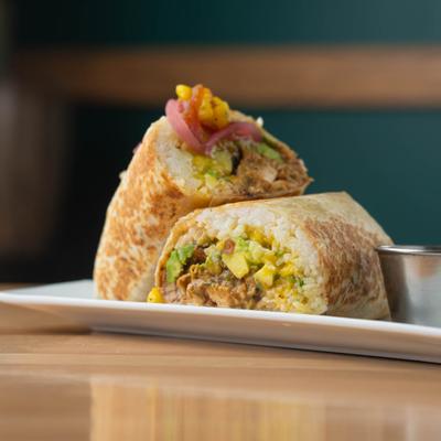 Burrito with chicken, mango, and avocado.