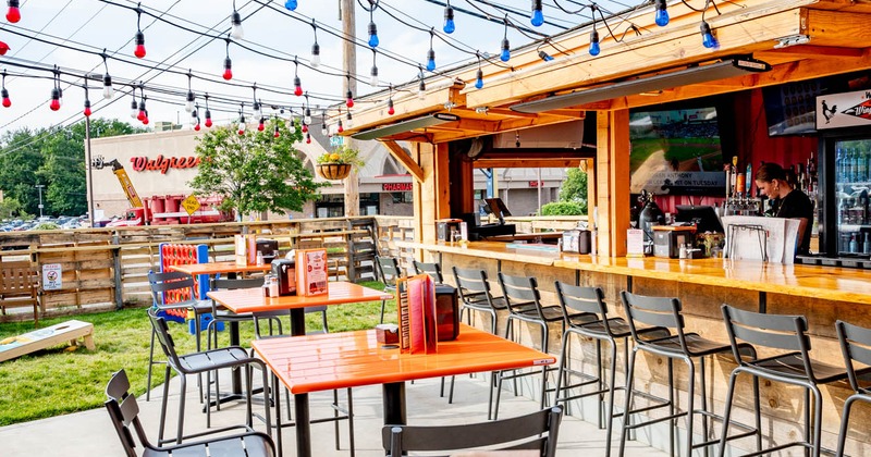 Exterior, patio, bar. stools, tables, chairs