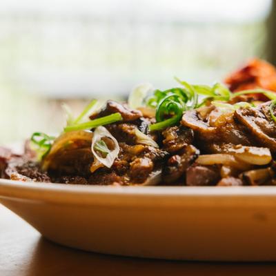 Cooked meat with mushrooms and green onions.