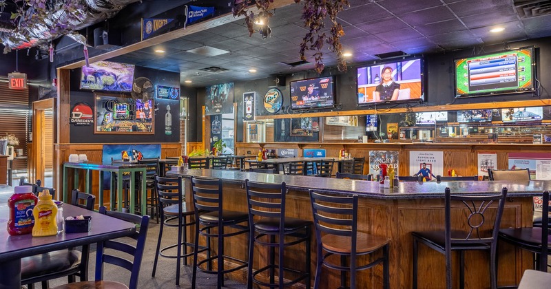 Interior, bar area and bar stools