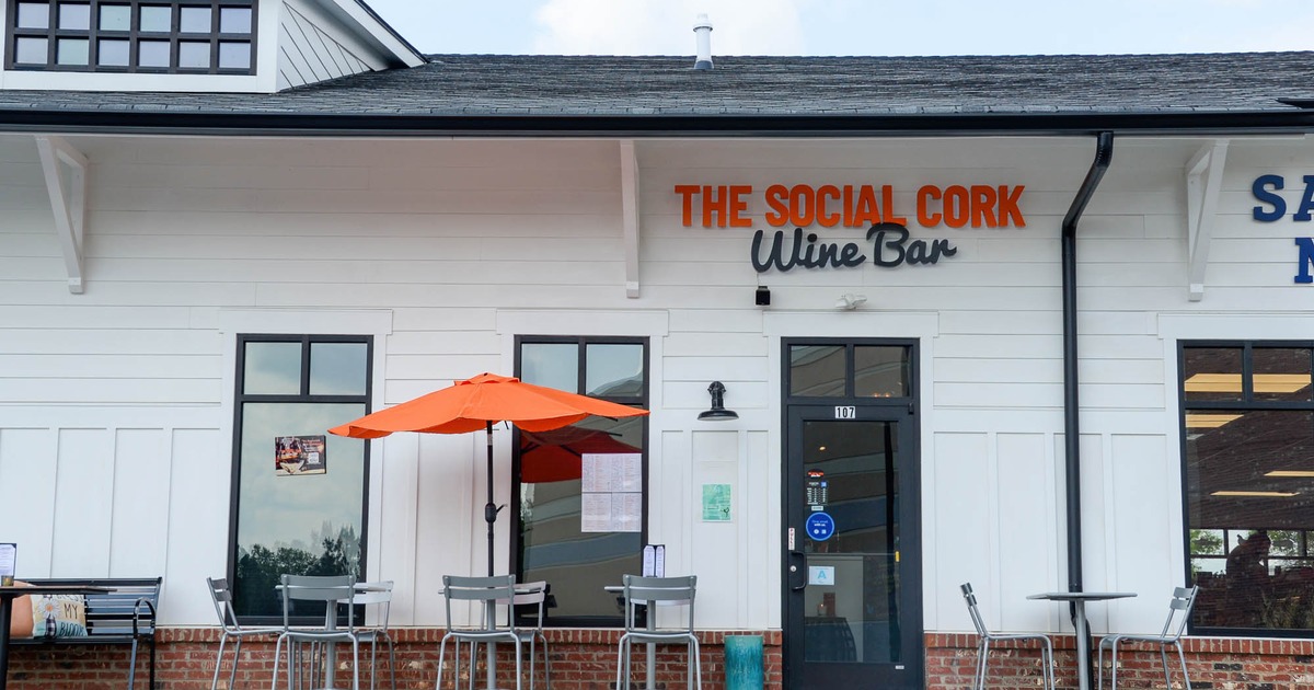 The Social Corn Wine Bar, exterior and a seating area