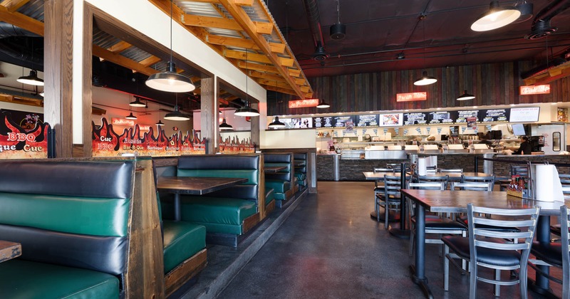 Interior, tables, chairs, booths, windows, LED screens, lights, mirrors