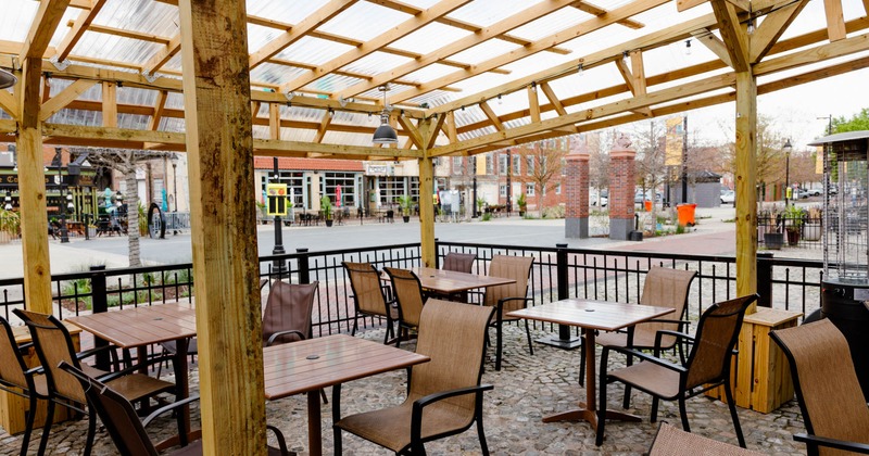 Exterior, covered patio with tables and seating