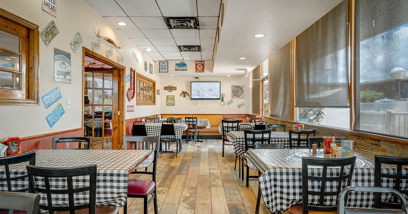 Interior, diner area,  tables and chairs