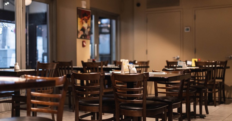 Interior, seating area with tables and chairs