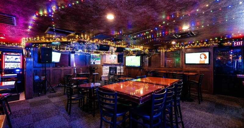 Interior, high tables and chairs in seating area