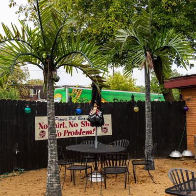 An outdoor patio with palm trees, a table and chairs