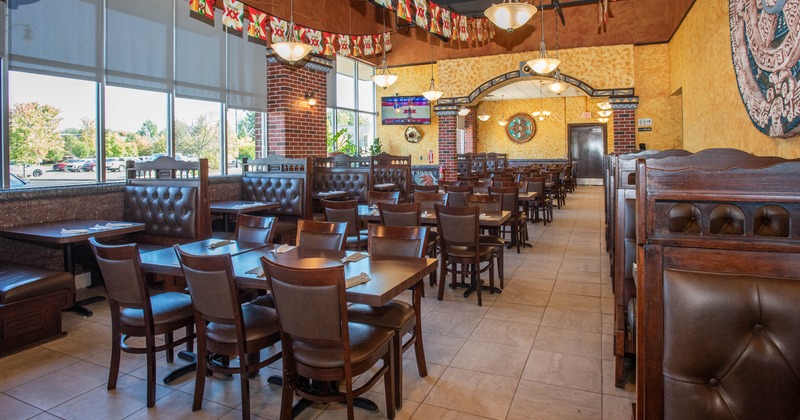 Interior, seating area with tables and chairs