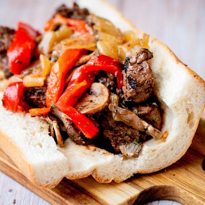 Steak tip sub with mushrooms, peppers, and onions.