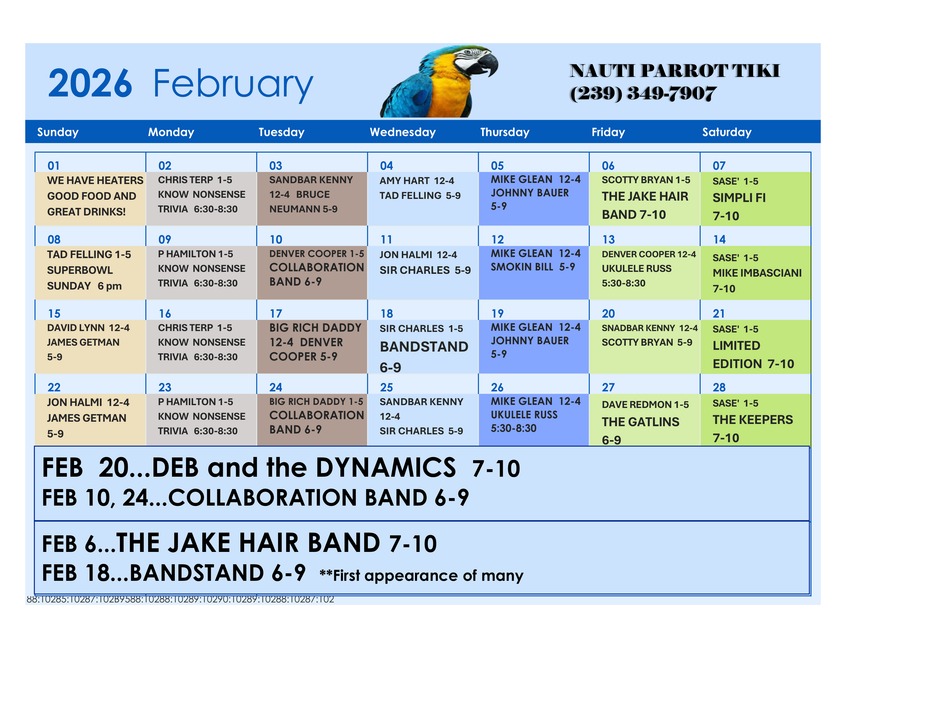 Tiki Hut Events Calendar 