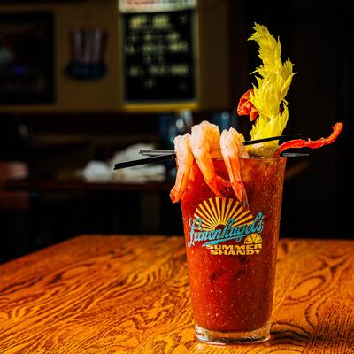 Bloody Mary with shrimp and bacon.