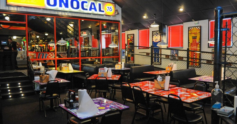 Dining area, decorated with car related signage items