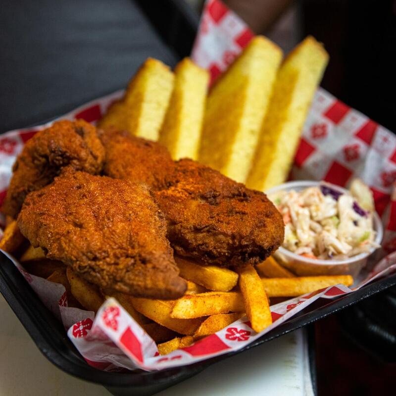 Fried chicken, coleslaw, fries and toast