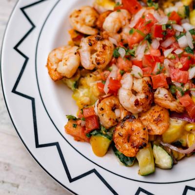 Shrimp baja bowl served, top view