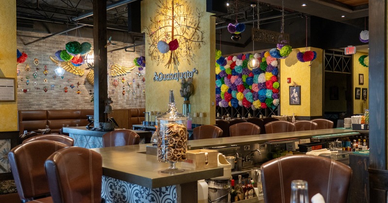 Interior, bar area with colorful wall decor