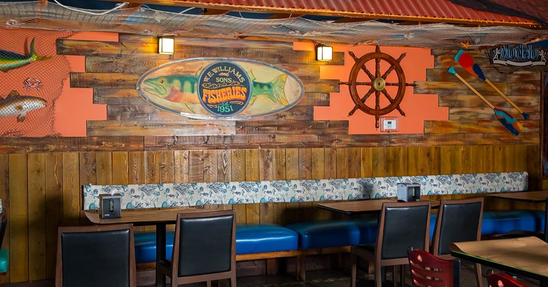 Interior, tables, chairs and bench