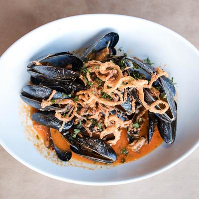 Tilted Mussels, Crispy Onions