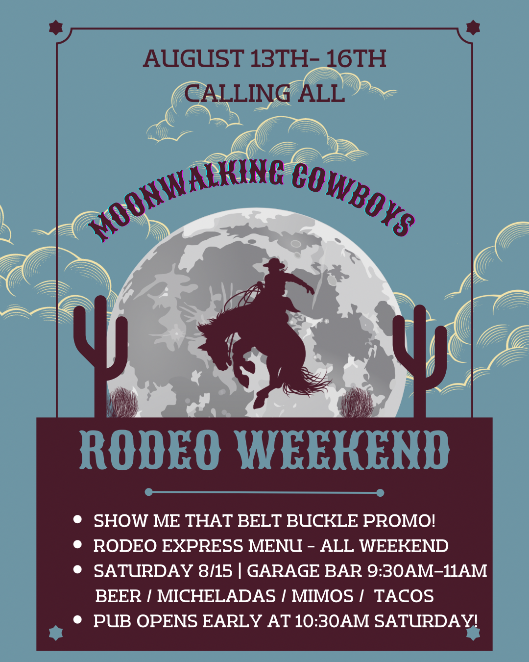 cowboy and moon picture that includes features / promos for rodeo weekend