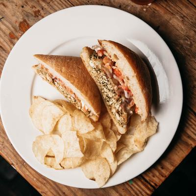 Sandwich with chips, top view