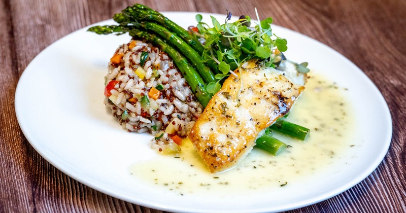 Roasted Halibut served with asparagus and rice