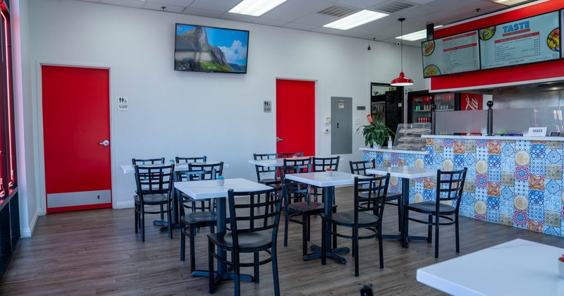 Interior, seating area with tables and chairs