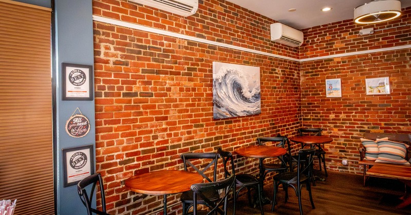 Interior, chairs and tables, brick walls