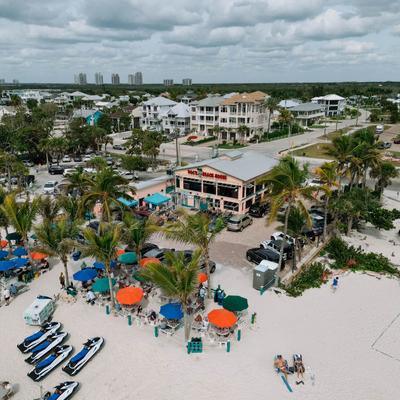 Aerial view of the restaurant and the surrounding beach.