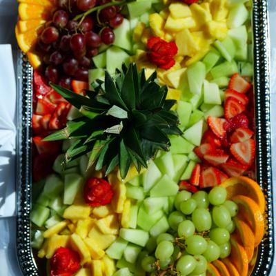 Fresh seasonal fruit tray, top view.