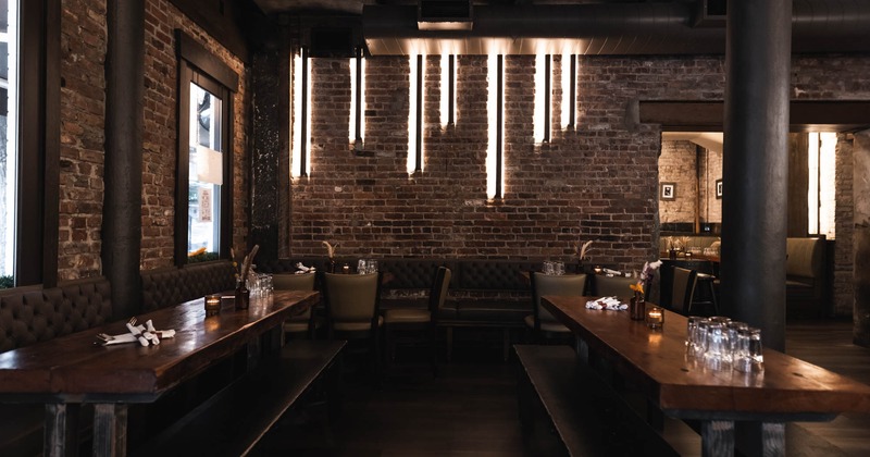 Interior, long tables, banquette seating